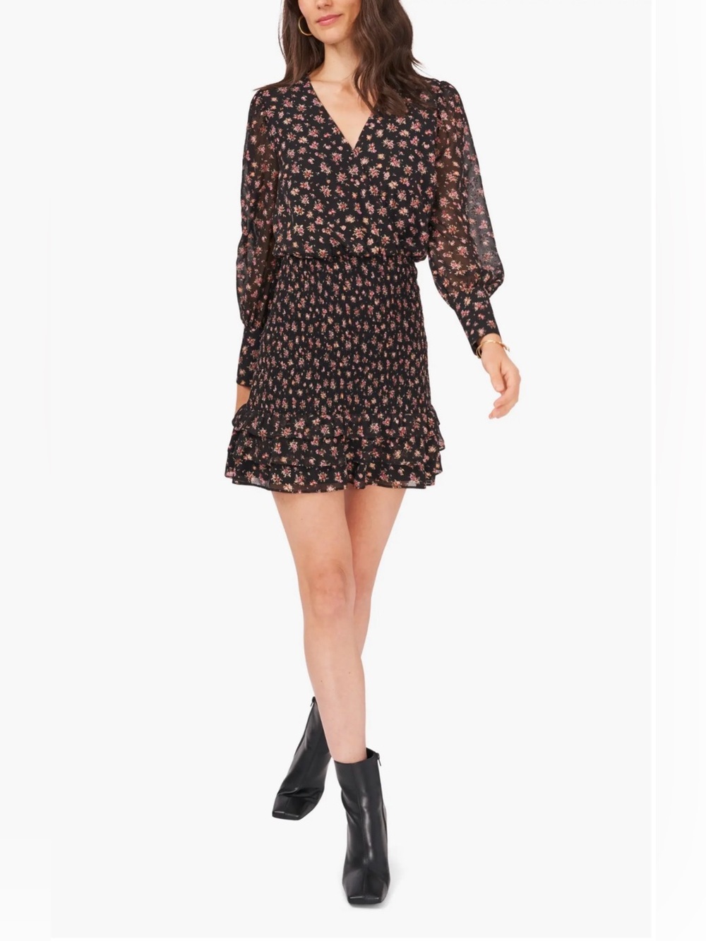 1.State Women Black Floral-Print Long Sleeve Smocked Mini Dress V-neck Size
S